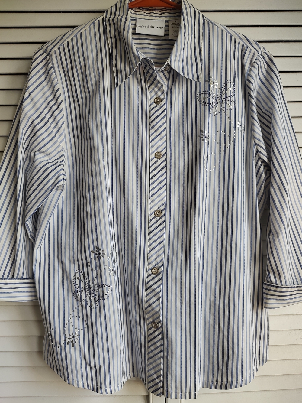 Alfred Dunner Blue And Lavender Striped Button-Down Shirt with Rhinestone Detail
